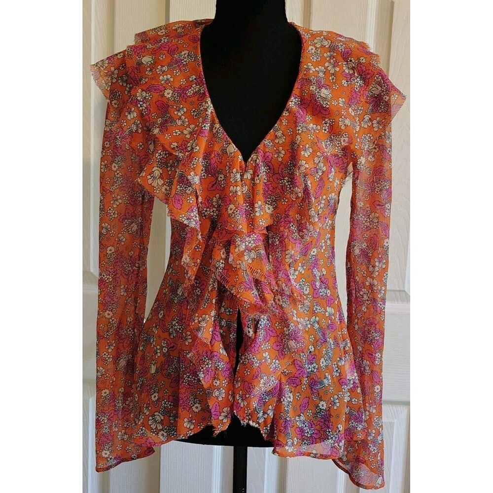 Free People Women's XS Floral Ruffle Hook & Eye Chiffon Blouse Orange Pink
